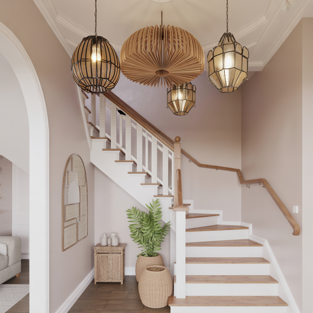 Boho Staircase: 20 Inspiring Ideas to Transform Your Home with Style 14 Statement Boho Light Fixtures Above the Stairwell
