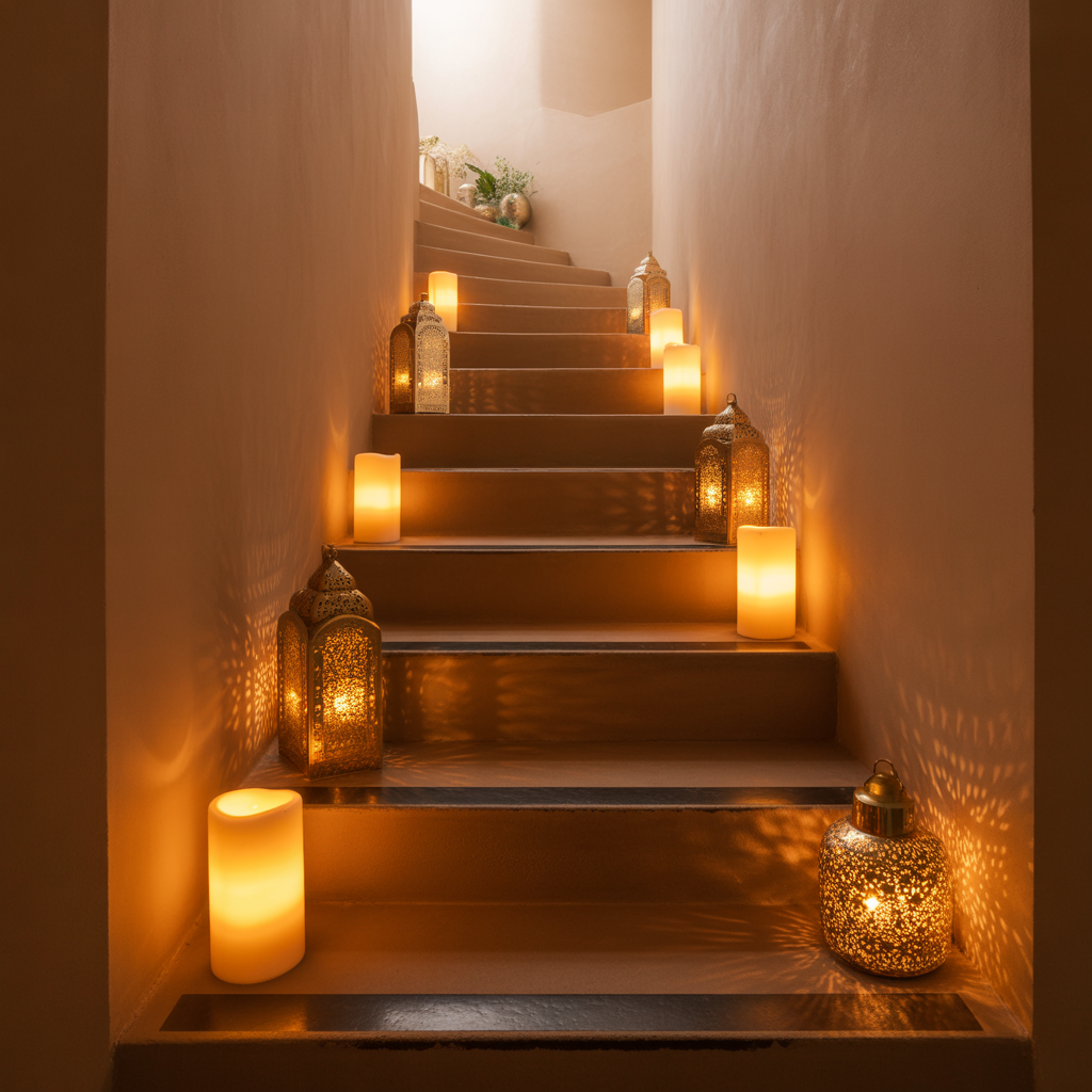 Boho Staircase: 20 Inspiring Ideas to Transform Your Home with Style 20 Layered Lighting with Lanterns and Candles