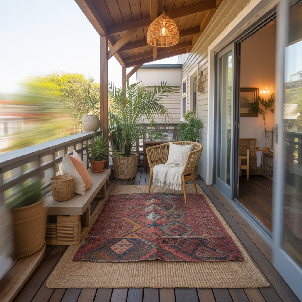 Boho Balcony: 22 Inspiring Ideas to Create Your Dream Outdoor Retreat 3 Layered Rugs for Texture and Warmth