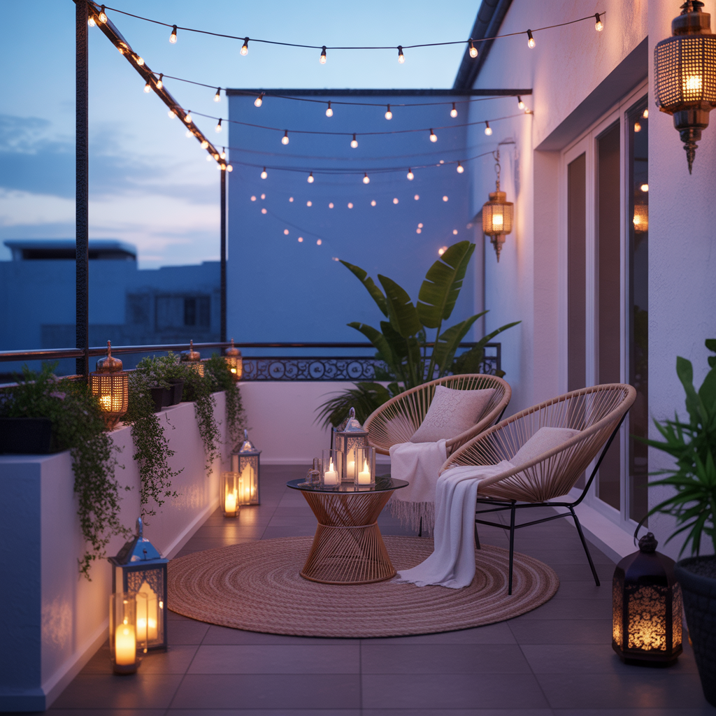 Boho Balcony: 22 Inspiring Ideas to Create Your Dream Outdoor Retreat 4 String Lights and Lantern Glow