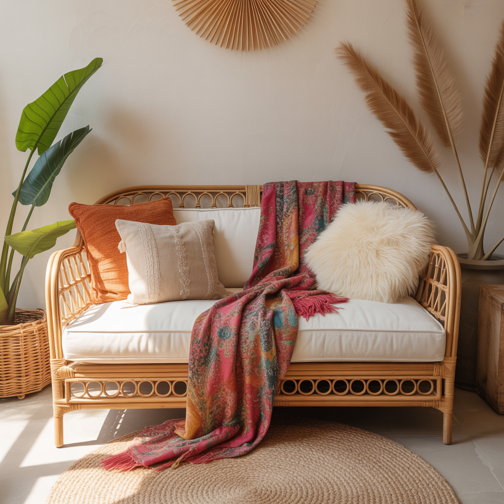 Rattan Frame Couch with Layered Textiles