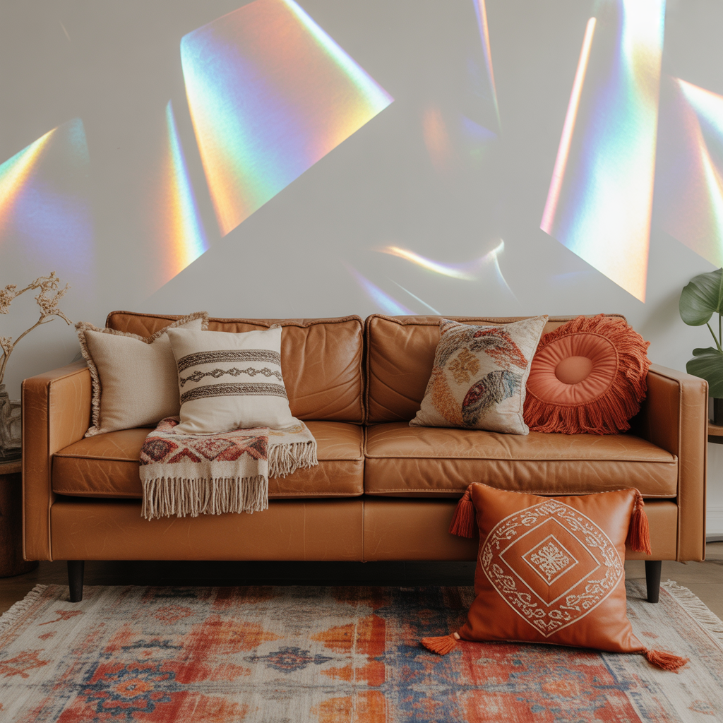 Earthy Leather Couch with Global-Inspired Accents