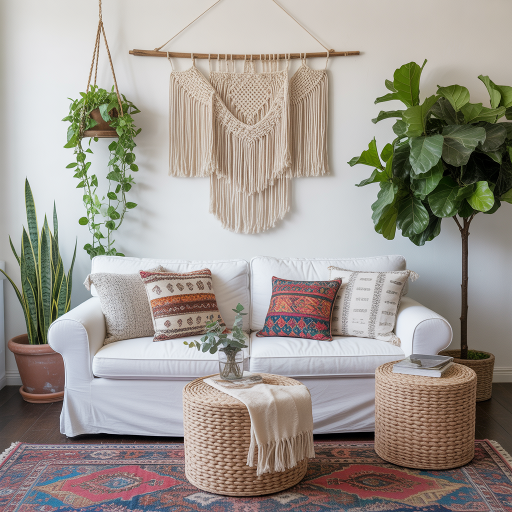 Bright White Boho Couch with Textural Accents