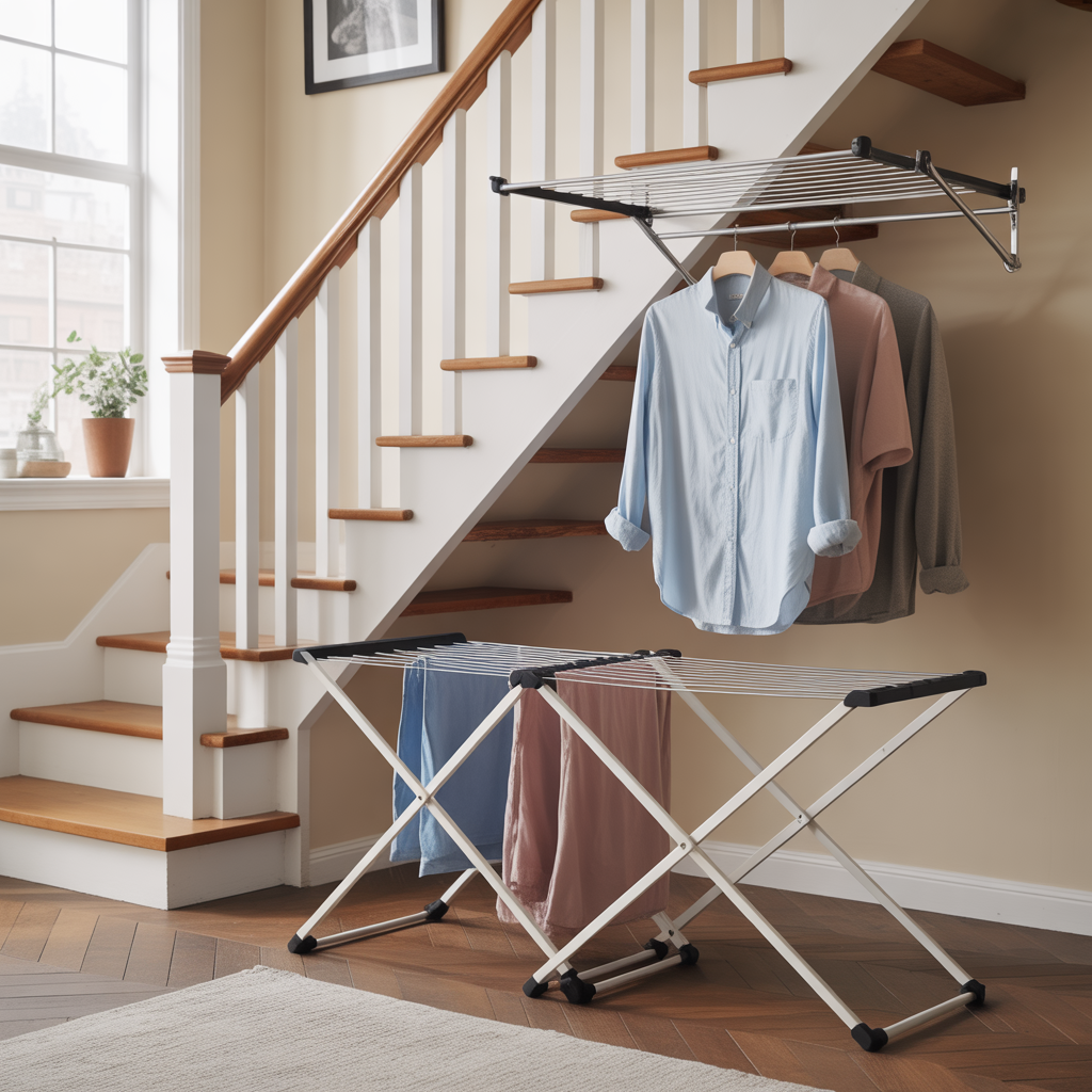 Laundry Under Stairs: 20 Creative and Practical Ideas to Maximize Space 12 Foldable Drying Rack Setup