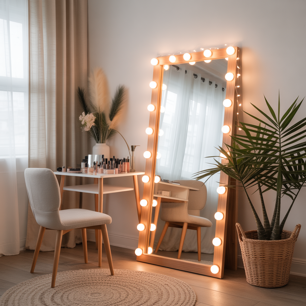 Boho Makeup Vanity with Floor-Length Mirror