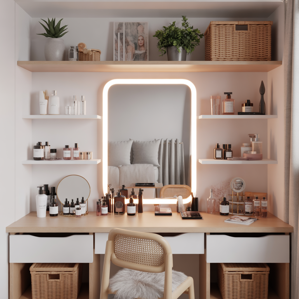 Boho Makeup Vanity with Open Shelves