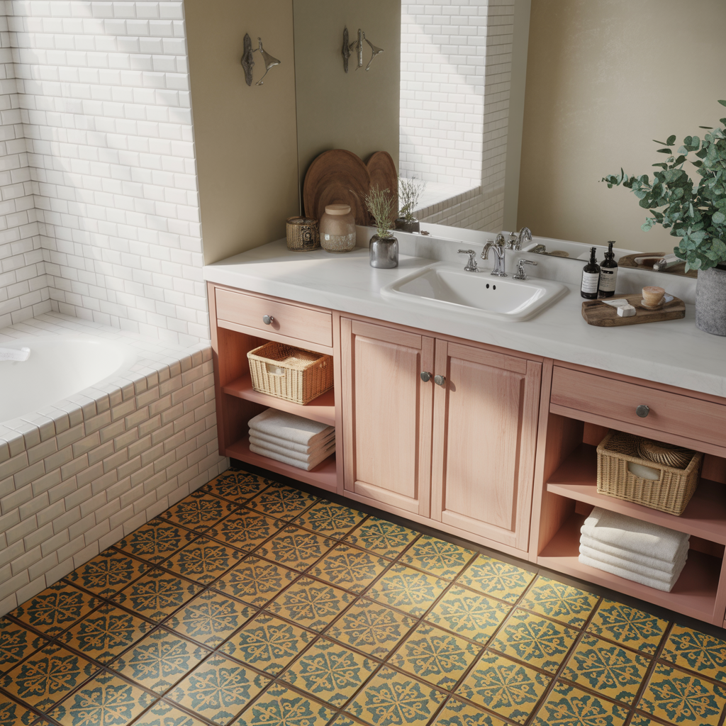 Colorful Tiled Floors Beneath the Sink Area
