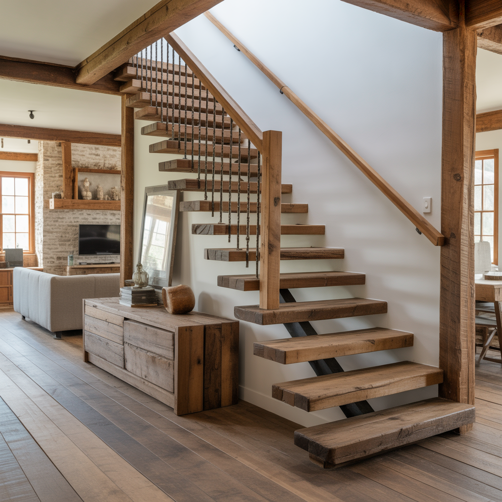 Floating Staircase: 20 Stunning Ideas to Elevate Modern Interiors 14 Rustic Floating Staircase with Reclaimed Wood