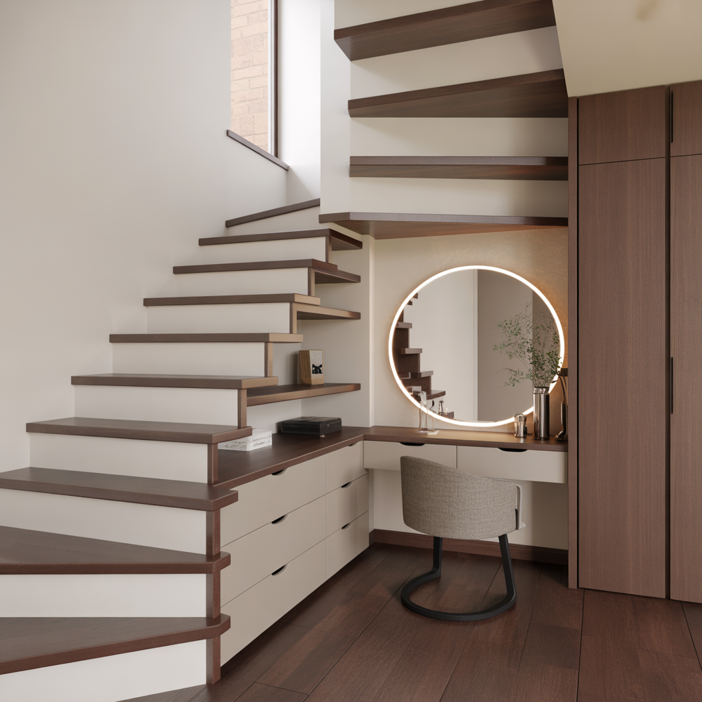 Floating Staircase: 20 Stunning Ideas to Elevate Modern Interiors 20 Floating Staircase with Vanity Nook