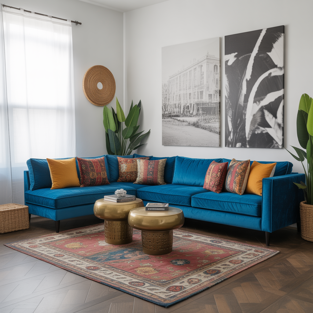Jewel-Toned Sectional with Eclectic Accessories