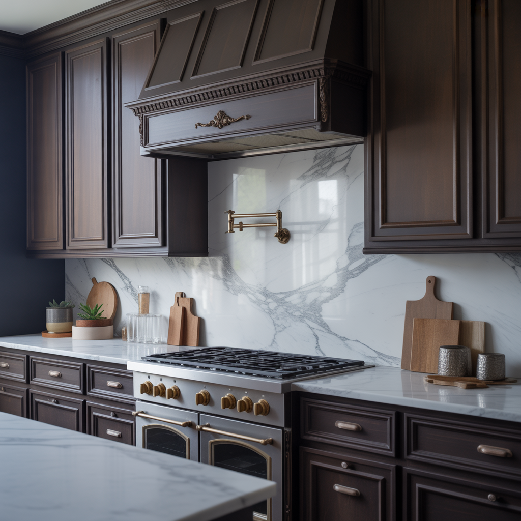 Marble Elegance with Backsplash for Dark Cabinet Kitchen