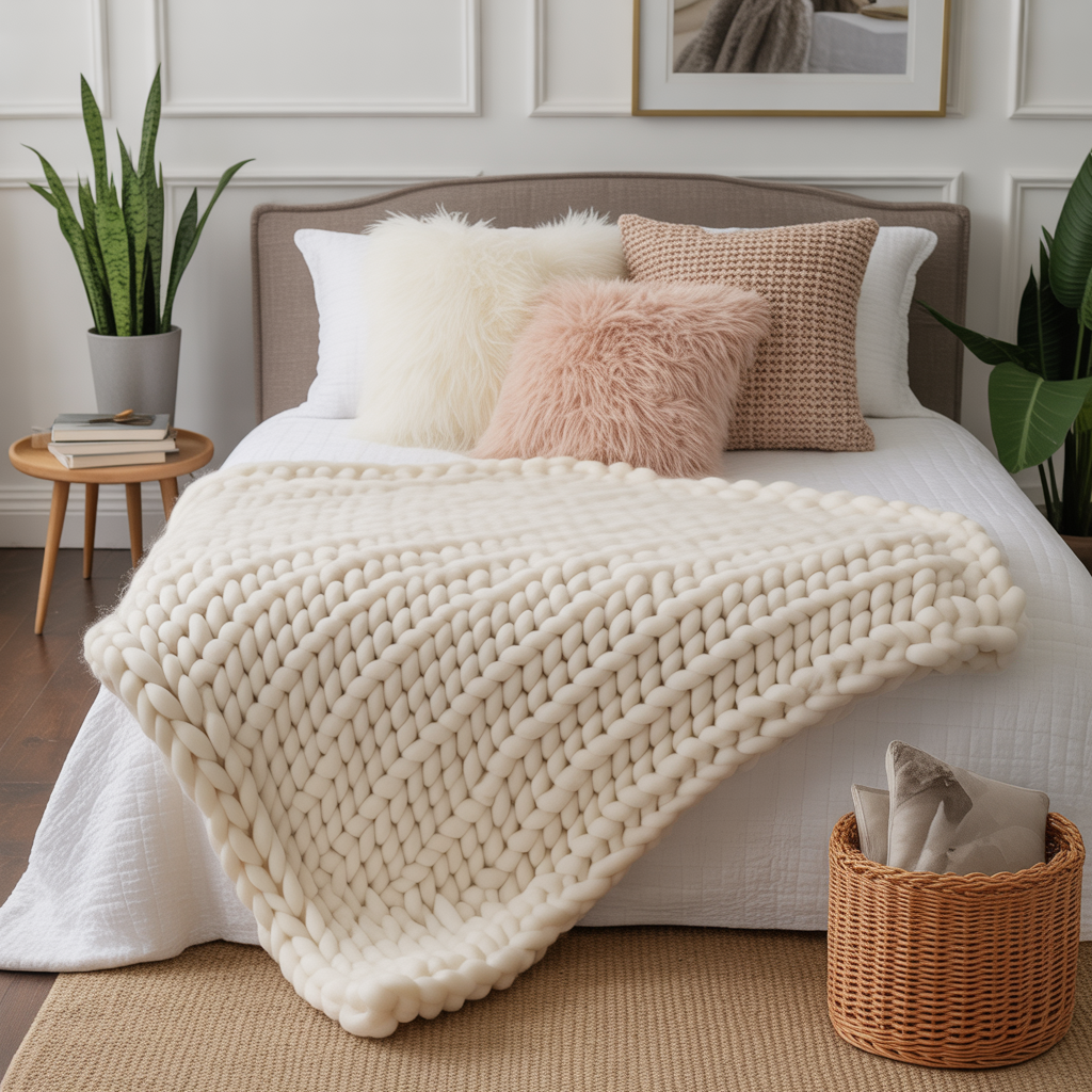 Cozy Winter Bedroom: 20 Beautiful Ideas to Create Warmth and Comfort 12 Chunky Knit Throws and Pillows