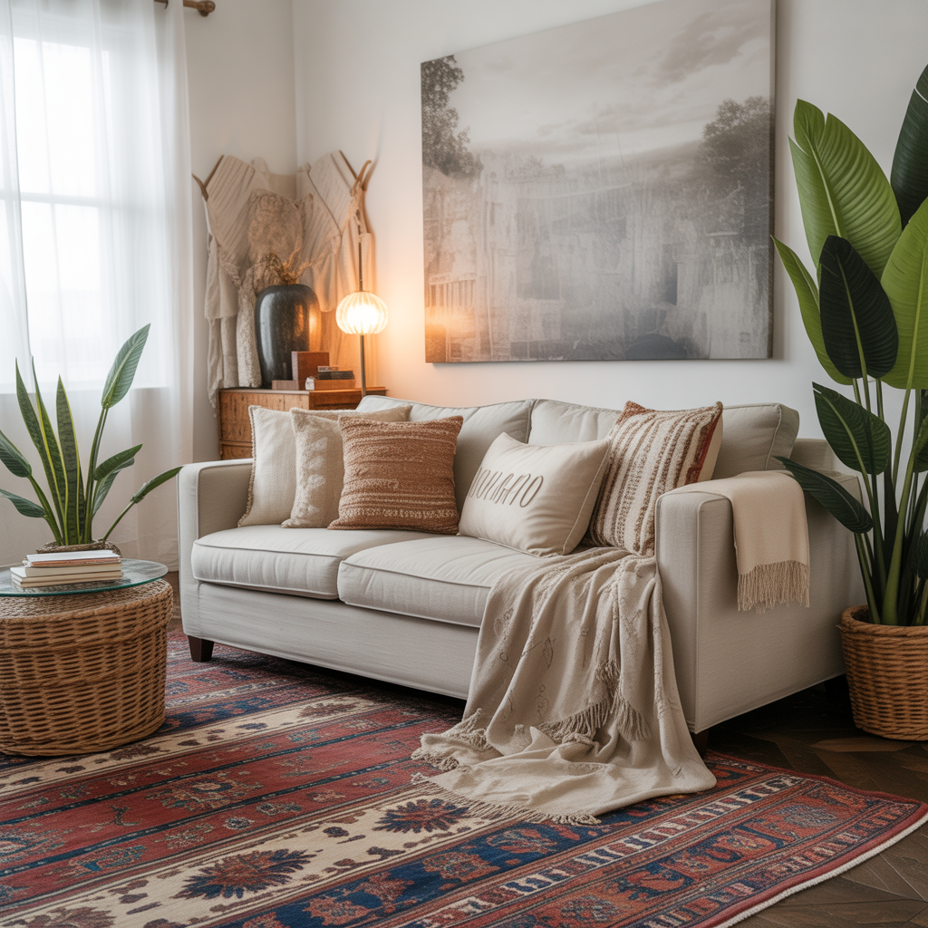 Oversized Couch with Layered Rugs and Textiles