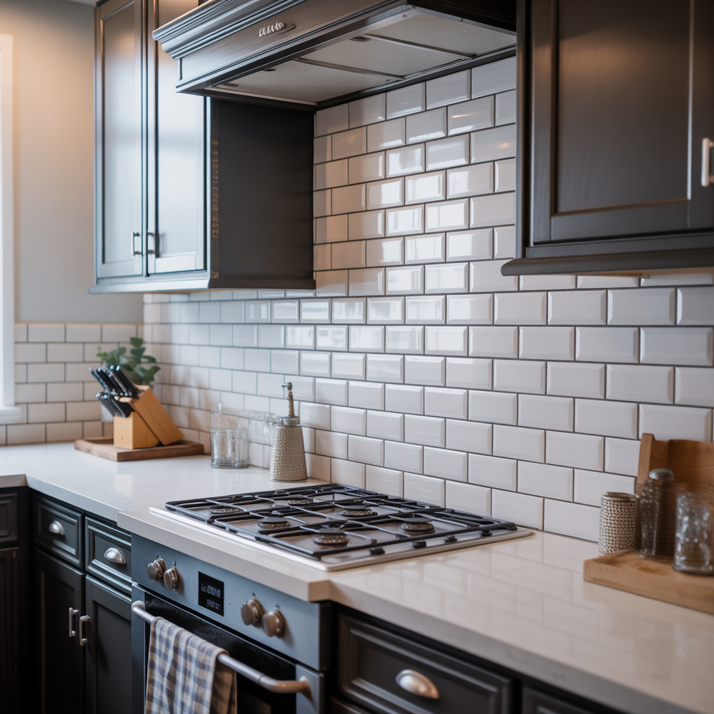 White Subway Tile Backsplash for Dark Cabinets