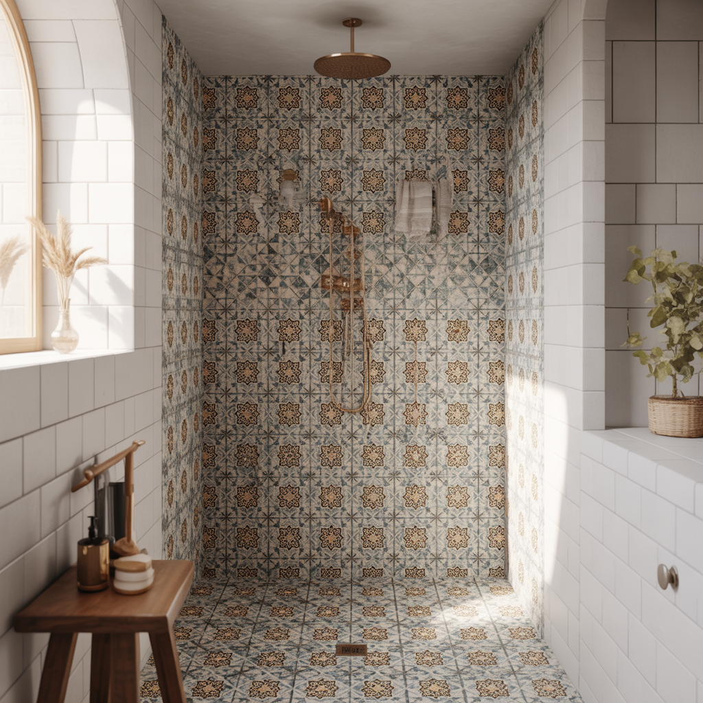 Moroccan-inspired mosaic shower tiles
