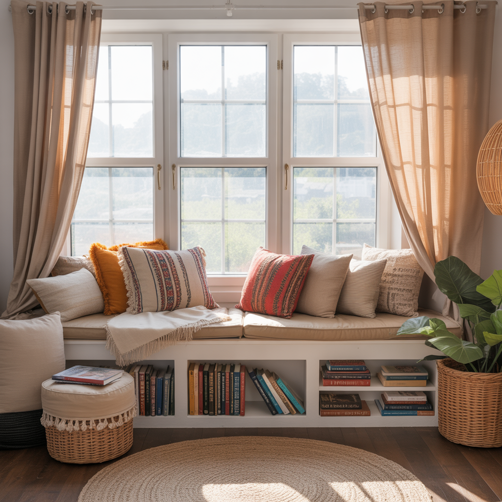 Boho Reading Nook :20 Creative Ideas for Designing Reading Nook 3 Window Seat with Textiles