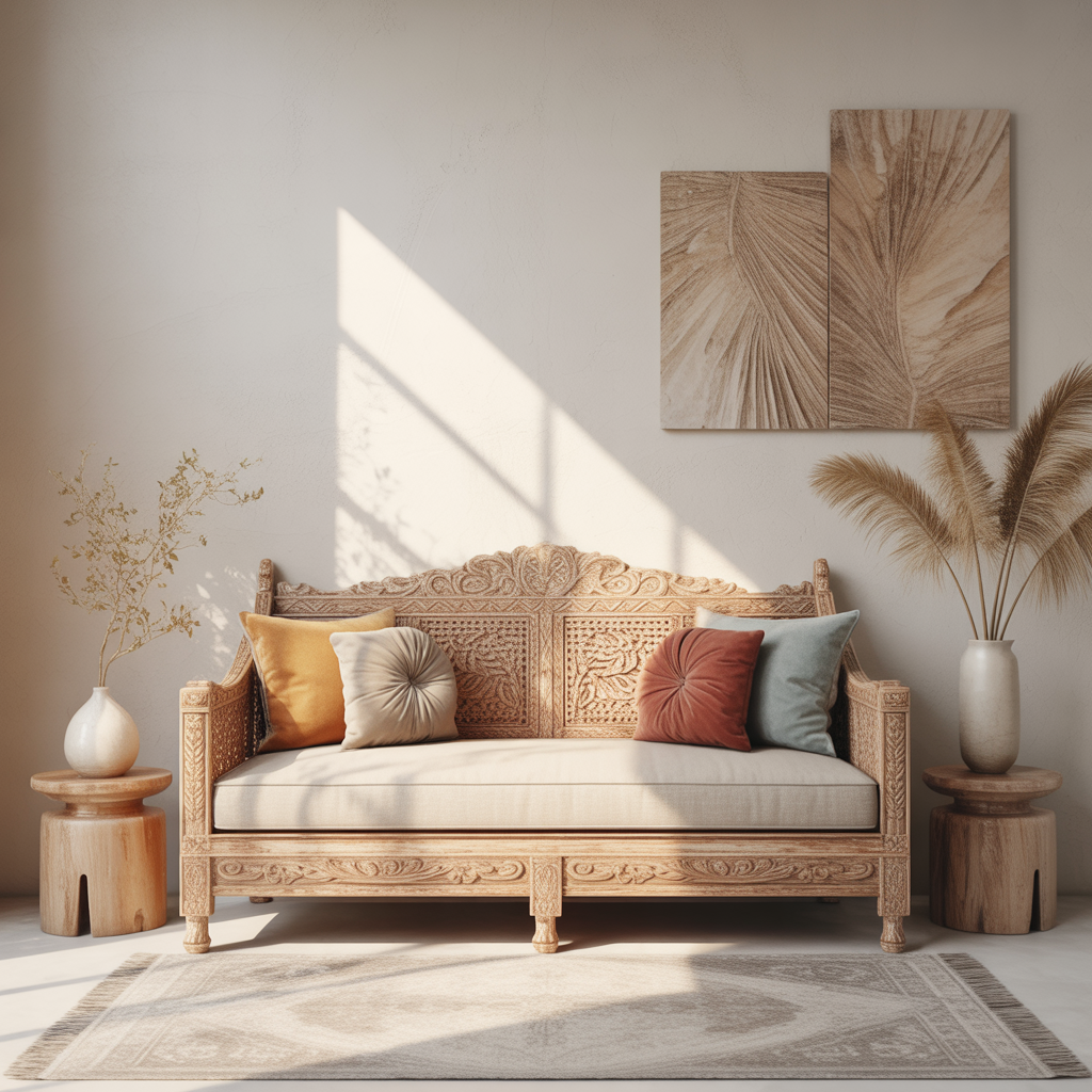 Boho Couch with Carved Wooden Frame