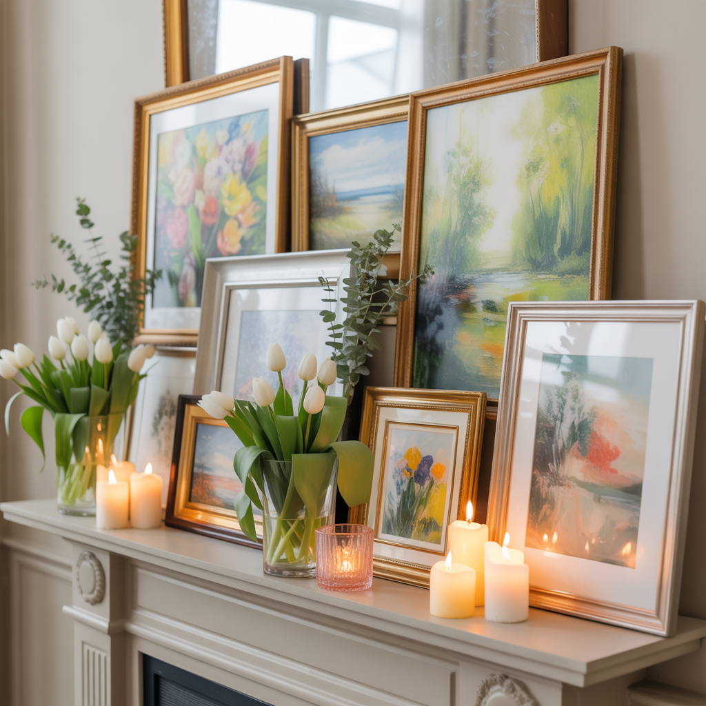 Art-Focused Mantel with Seasonal Paintings