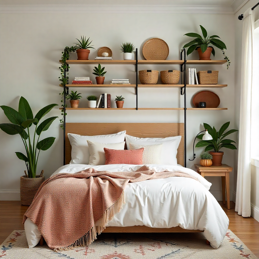 Boho Bedroom Bookshelves with Natural Elements