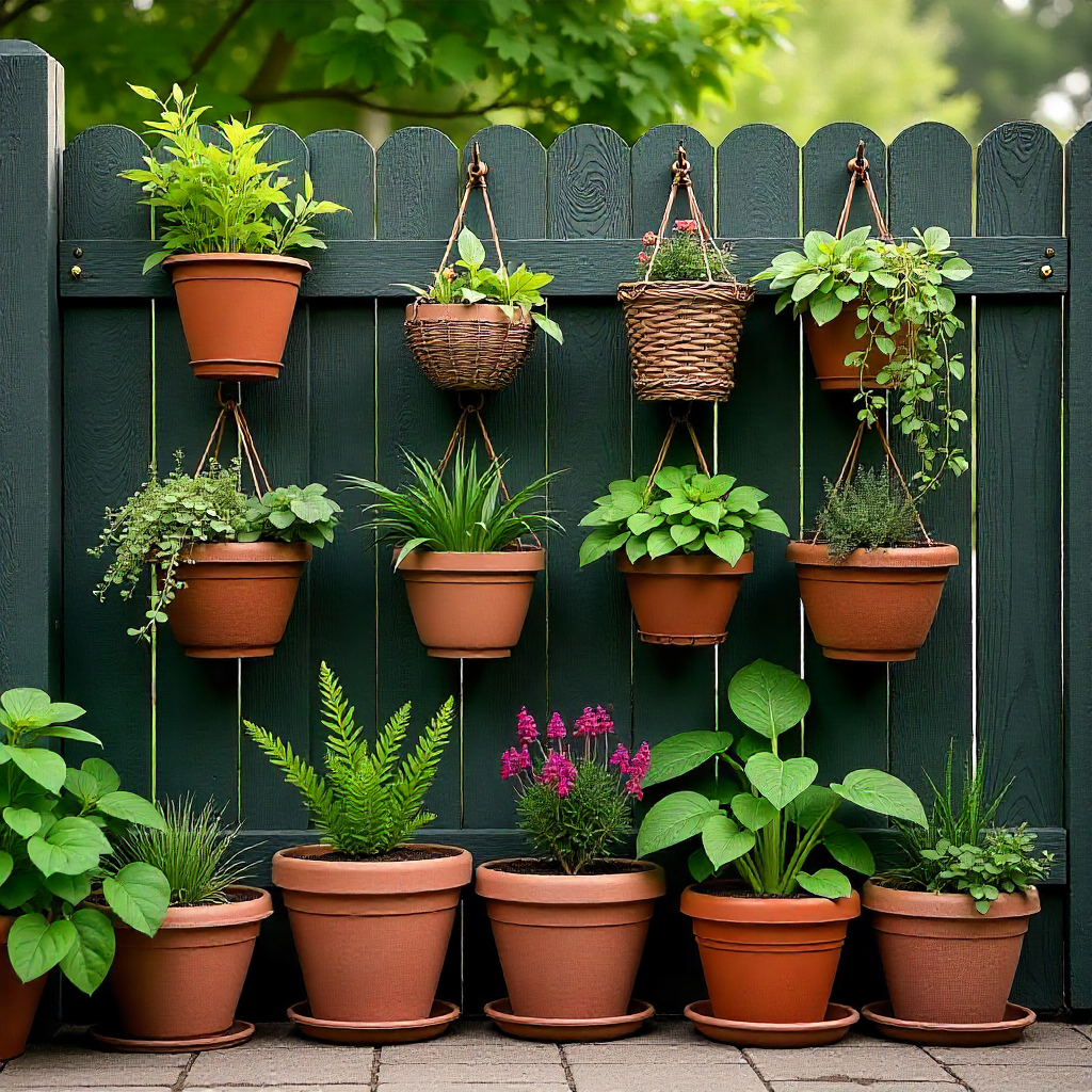 Boho Garden Fence: 14 Stunning Ideas to Bring Free-Spirited Charm to Your Outdoor Space 6 Boho Fence with Hanging Planters and Pots