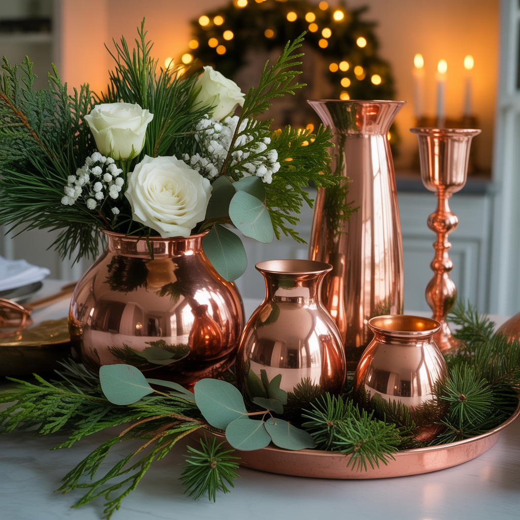 Christmas Centerpieces: 21 Stunning Ideas to Elevate Your Holiday Table 16 Copper and Evergreen Fusion Christmas Centerpieces