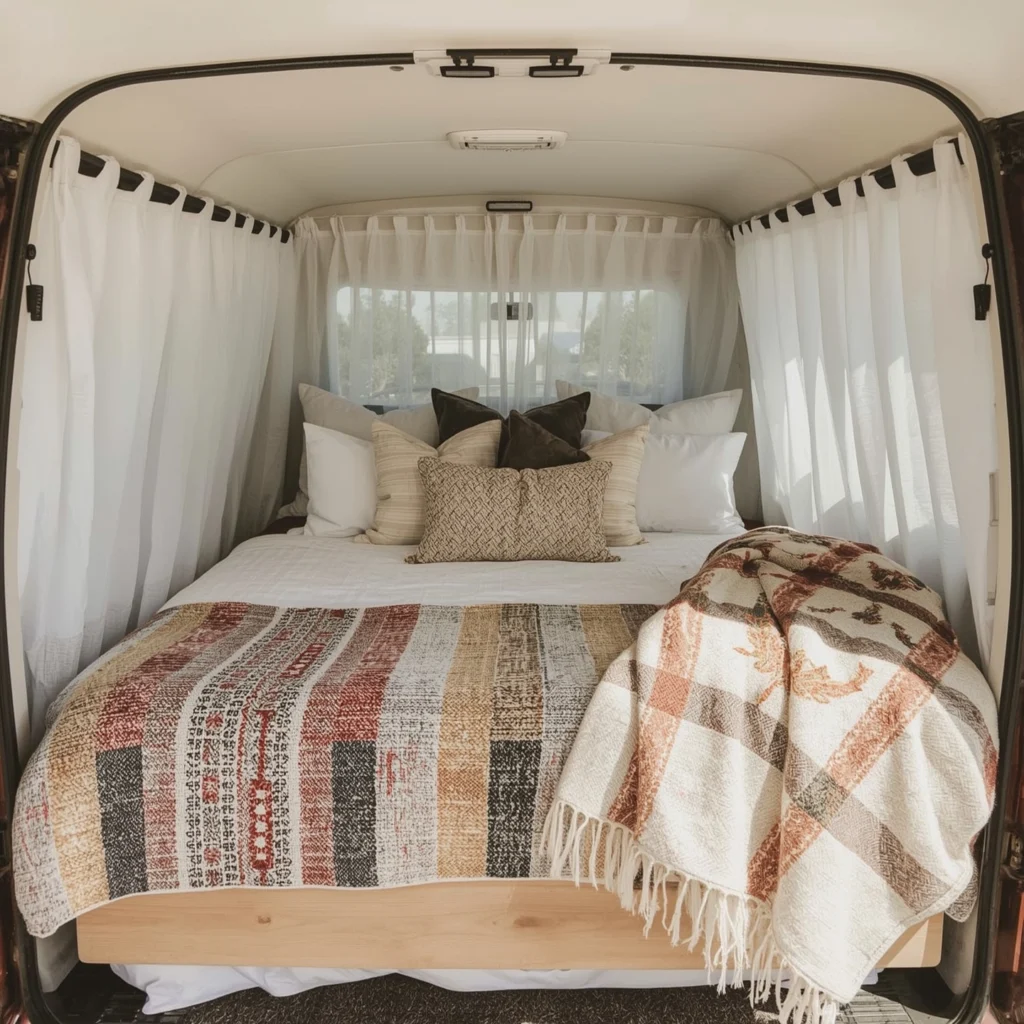 Boho Camper Van Interior: 16 Beautiful Ideas for a Cozy, Free-Spirited Vibe 6 Cozy Bedding Setup