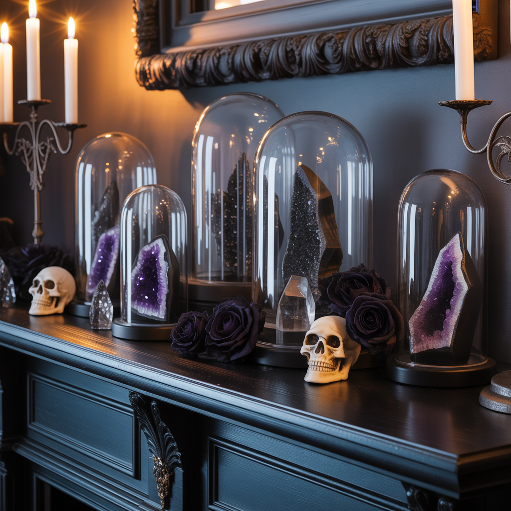 Gothic Mantel :16 Hauntingly Beautiful Ideas to Elevate Your Darkly Romantic Home 11 Crystal and Glass Curiosities