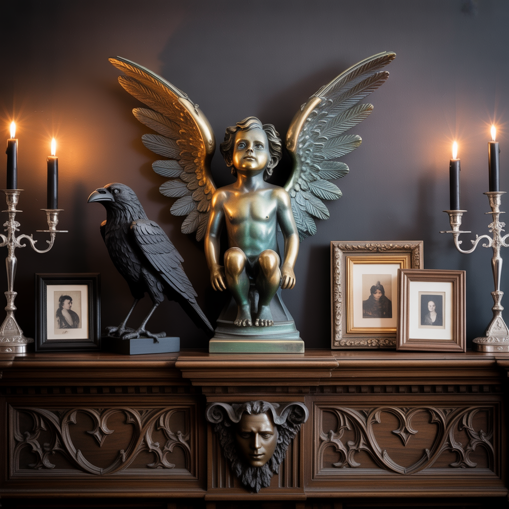 Gothic Mantel :16 Hauntingly Beautiful Ideas to Elevate Your Darkly Romantic Home 15 Display Gothic-Inspired Art and Sculptures