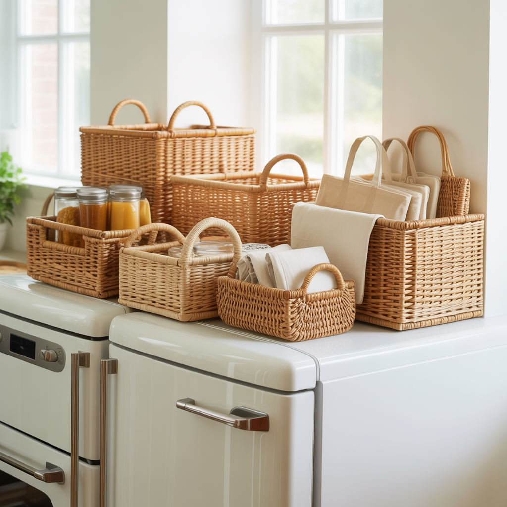 Fridge Top Decor :16 Ideas to Transform an Overlooked Space 1 Elegant Basket Storage for a Clean Look