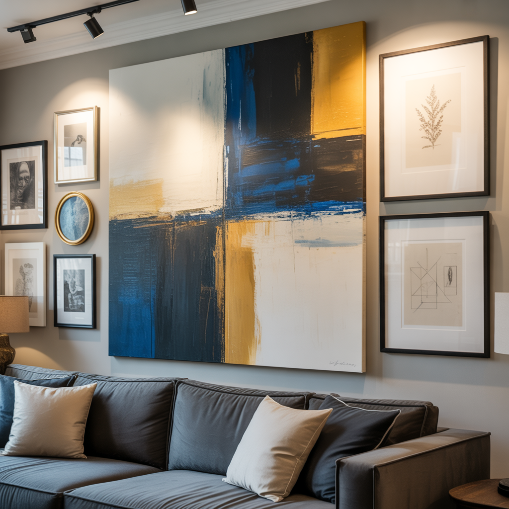 Living Room Gallery Wall: 15 Stunning Living Room Gallery Wall Ideas to Inspire Your Home 9 Experiment with Large-Scale Statement Art