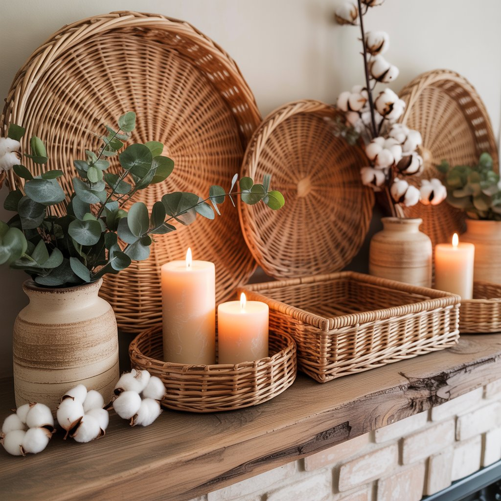 Farmhouse Mantel with Baskets and Woven Accents