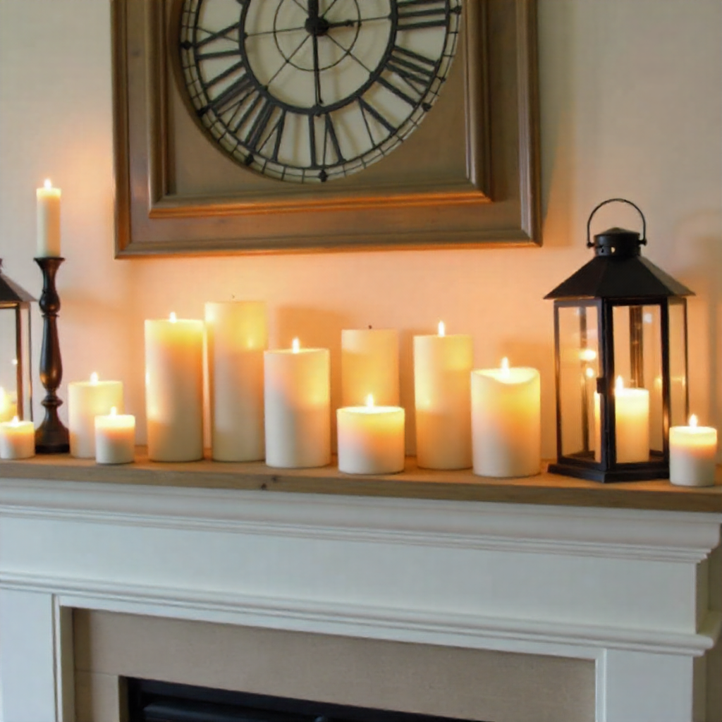 Farmhouse Mantel with Candles and Lanterns