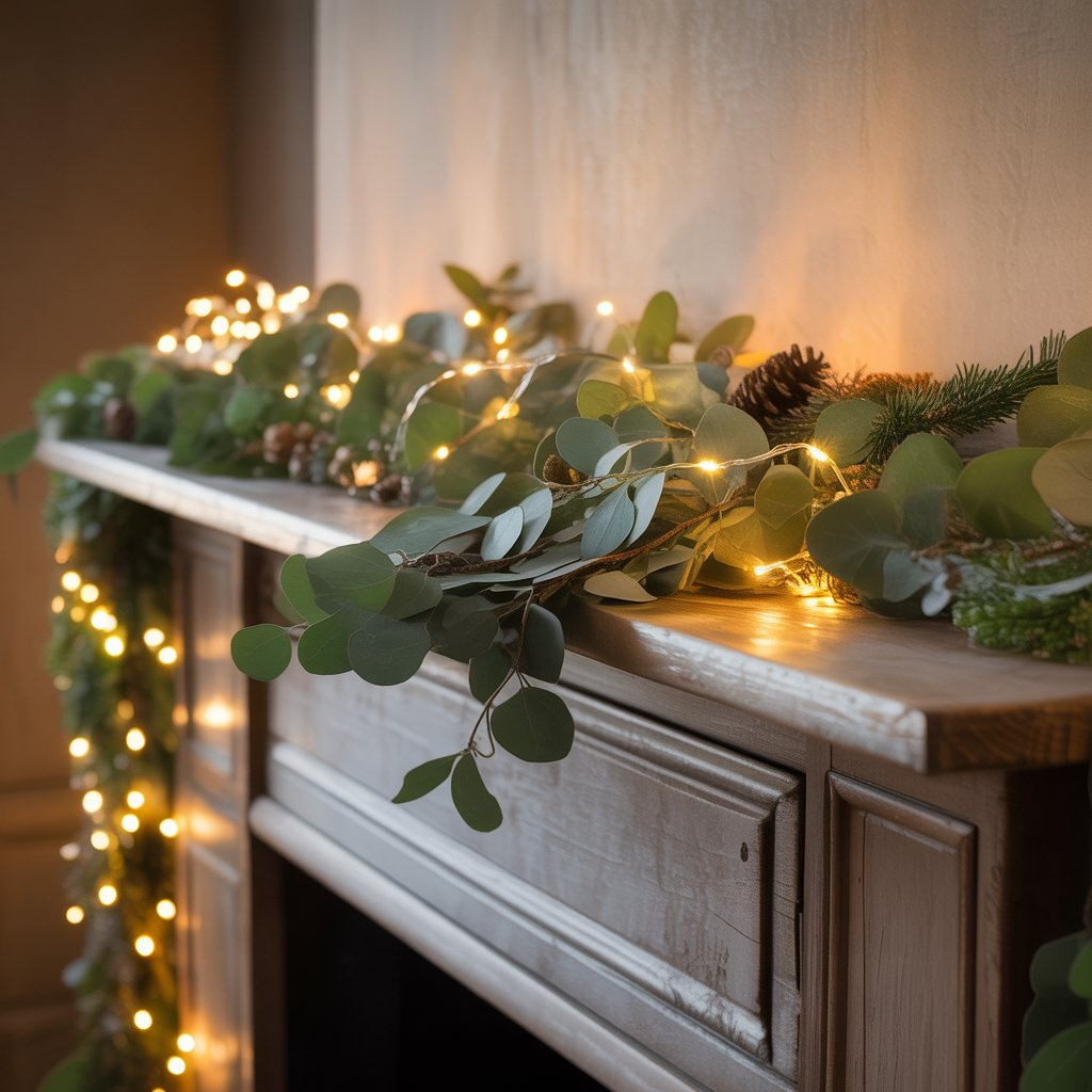 Farmhouse Mantel with Garland and String Lights