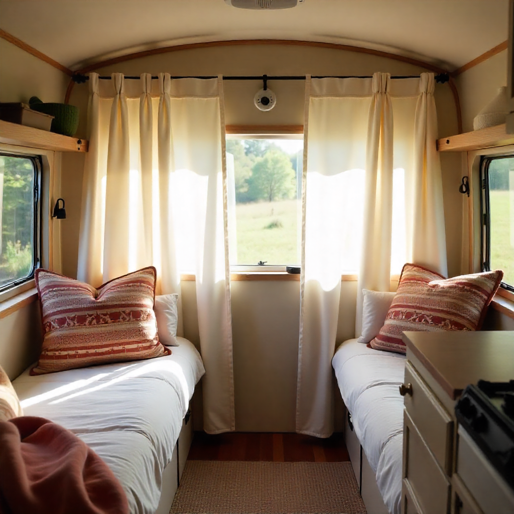 Boho Camper Van Interior: 16 Beautiful Ideas for a Cozy, Free-Spirited Vibe 13 Flowing Curtains for Privacy and Style