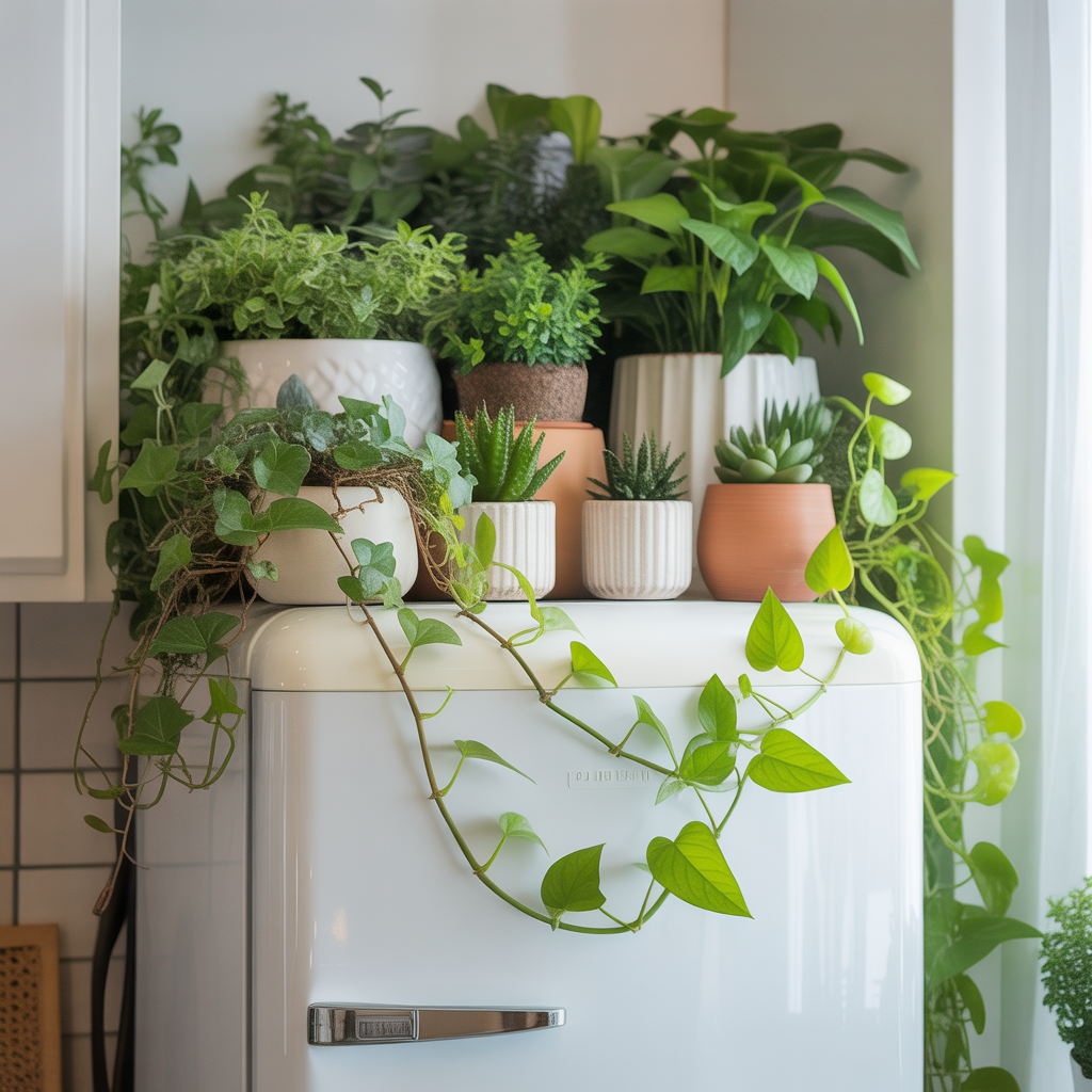 Fridge Top Decor :16 Ideas to Transform an Overlooked Space 2 Greenery and Plants for a Refreshing Touch