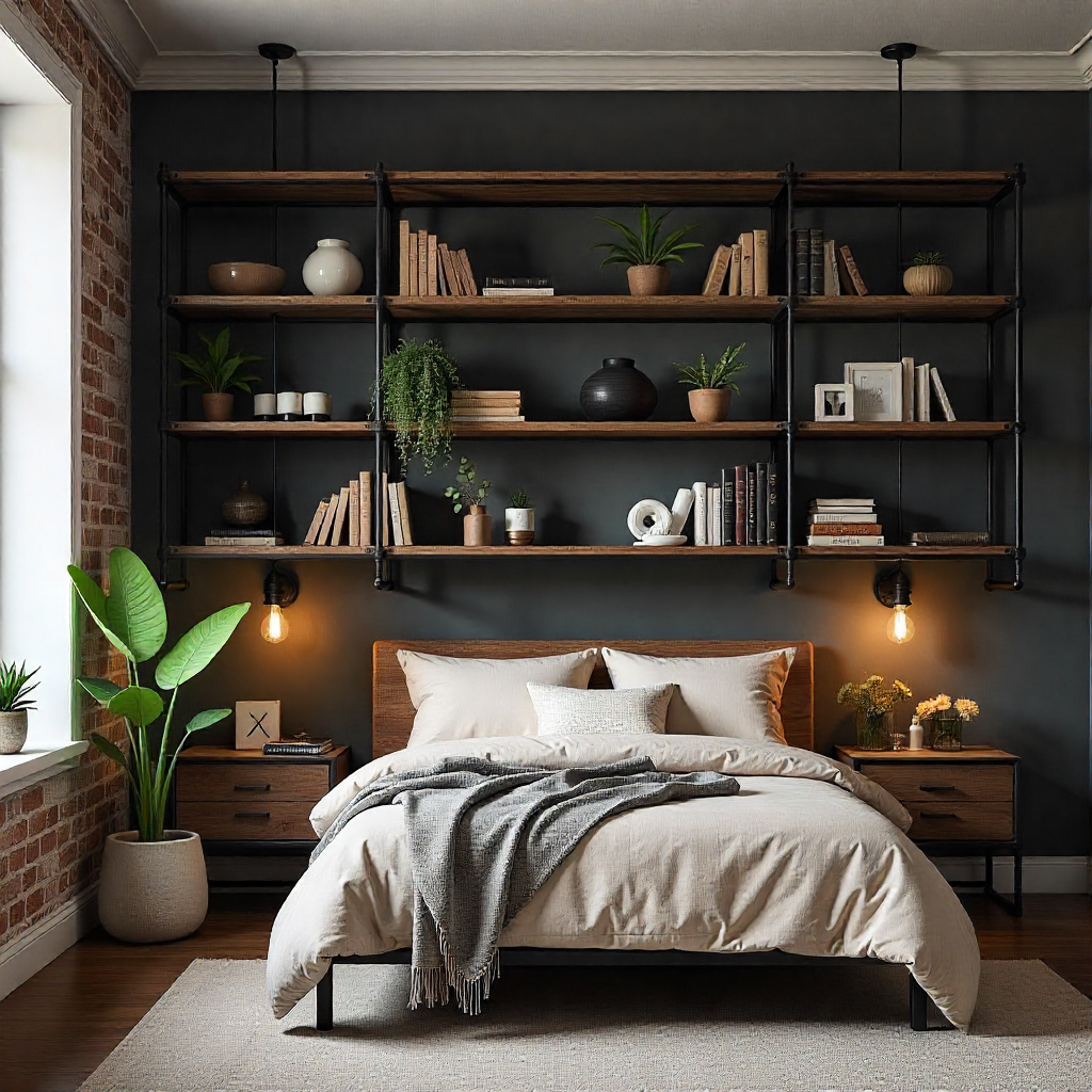 Industrial-Style Bedroom Bookshelves for a Bold Look