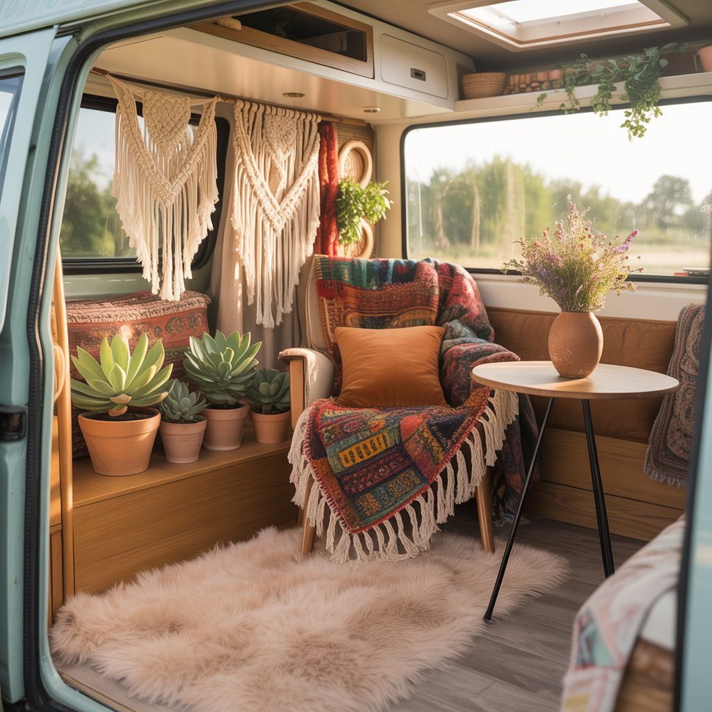 Boho Camper Van Interior: 16 Beautiful Ideas for a Cozy, Free-Spirited Vibe 1 Layered Textiles for Comfort and Style