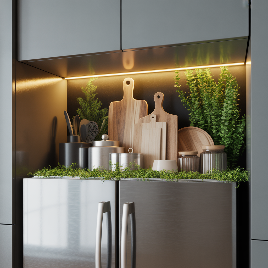 Fridge Top Decor :16 Ideas to Transform an Overlooked Space 14 Layered Textures and Lighting Accents