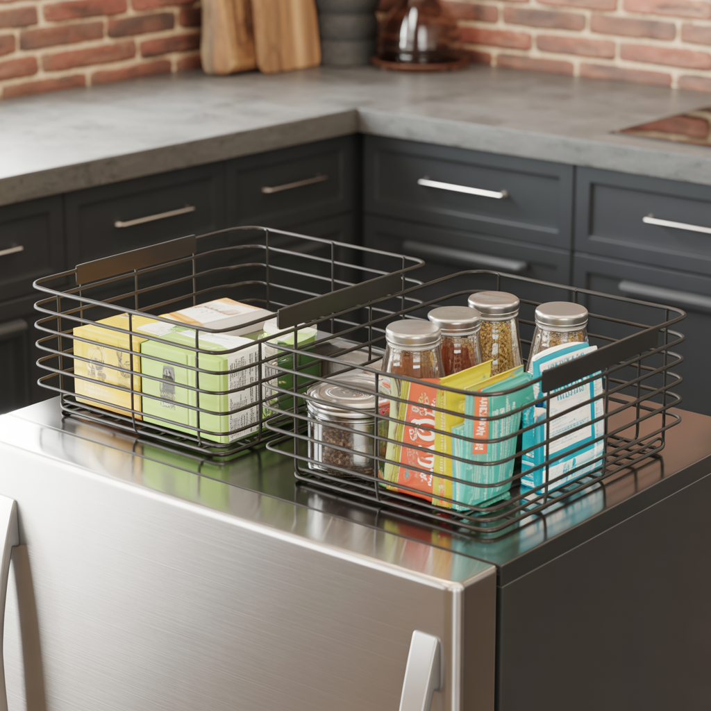 Fridge Top Decor :16 Ideas to Transform an Overlooked Space 10 Metal or Wire Baskets for Industrial Style