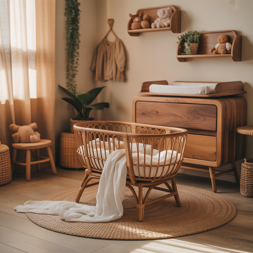 Boy Boho Nursery: 15 Dreamy Ideas for a Serene and Stylish Space 4 Natural Wood and Rattan Furniture