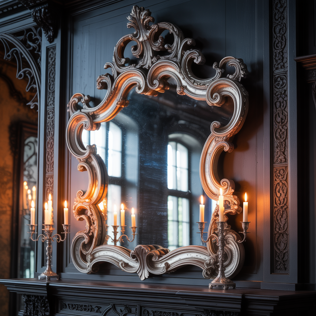 Gothic Mantel :16 Hauntingly Beautiful Ideas to Elevate Your Darkly Romantic Home 2 Ornate Mirrors with Dark Frames