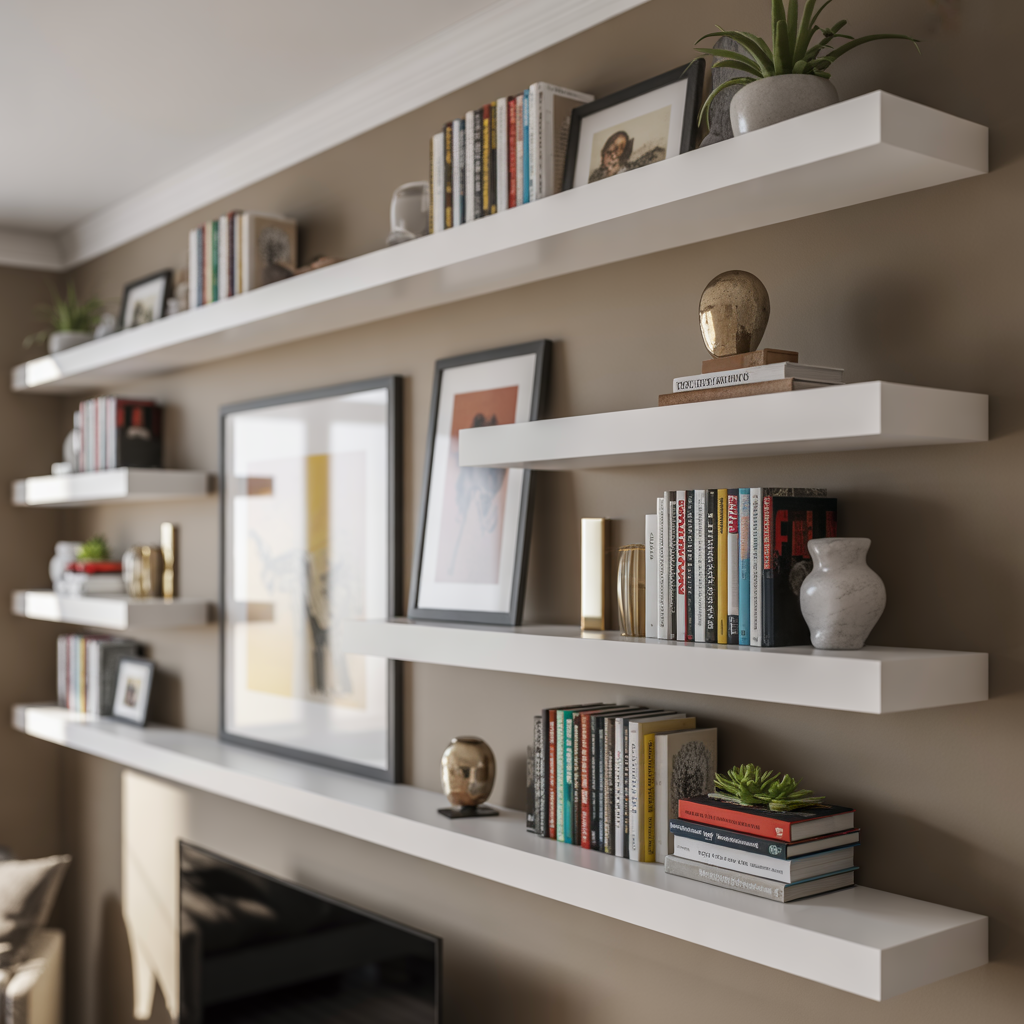 Living Room Gallery Wall: 15 Stunning Living Room Gallery Wall Ideas to Inspire Your Home 8 Use Floating Shelves for Flexible Styling