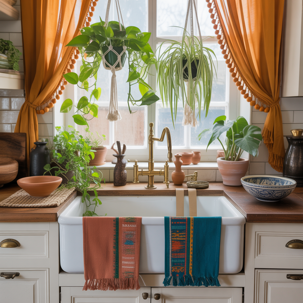 Use a Farmhouse or Apron-Front Sink with Boho Accents