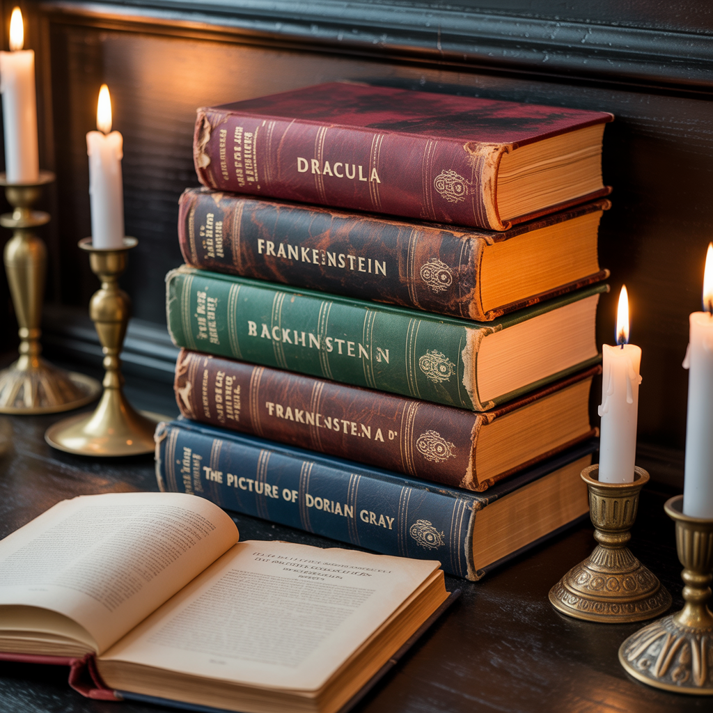 Gothic Mantel :16 Hauntingly Beautiful Ideas to Elevate Your Darkly Romantic Home 8 Vintage Books and Candlesticks
