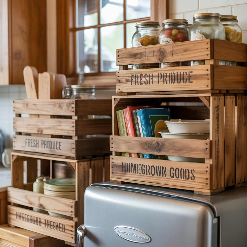 Fridge Top Decor :16 Ideas to Transform an Overlooked Space 9 Wooden Crates for Rustic Charm