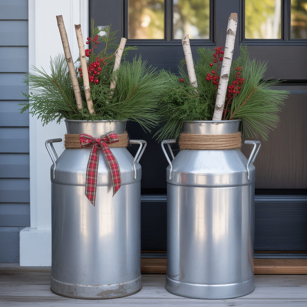 Antique Milk Cans with Holiday Greens