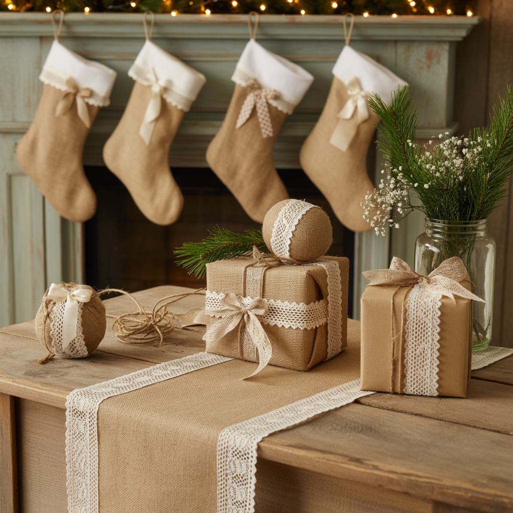 Rustic Cabin Christmas Decor :20 Ideas to Create a Warm and Magical Holiday Retreat 8 Burlap and Lace Details