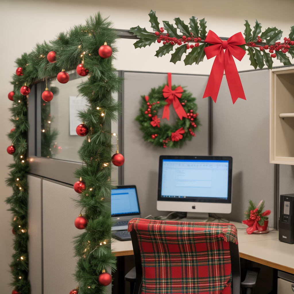 Christmas Cubicle Decor: 20 Heartwarming to Bring Joy and Festive Cheer to Your Workspace 3 Classic Red and Green Theme