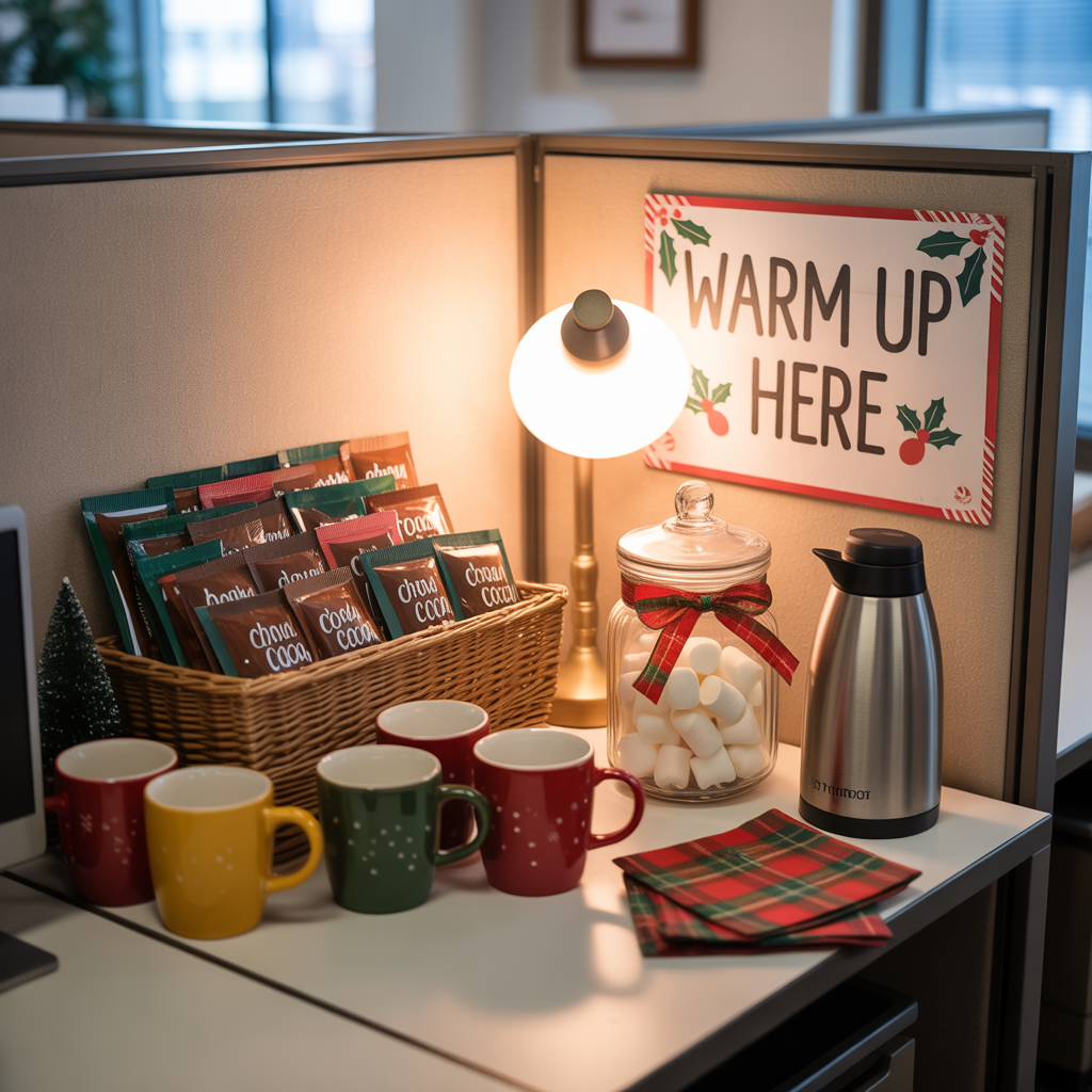 Christmas Cubicle Decor: 20 Heartwarming to Bring Joy and Festive Cheer to Your Workspace 13 Cozy Hot Cocoa Station