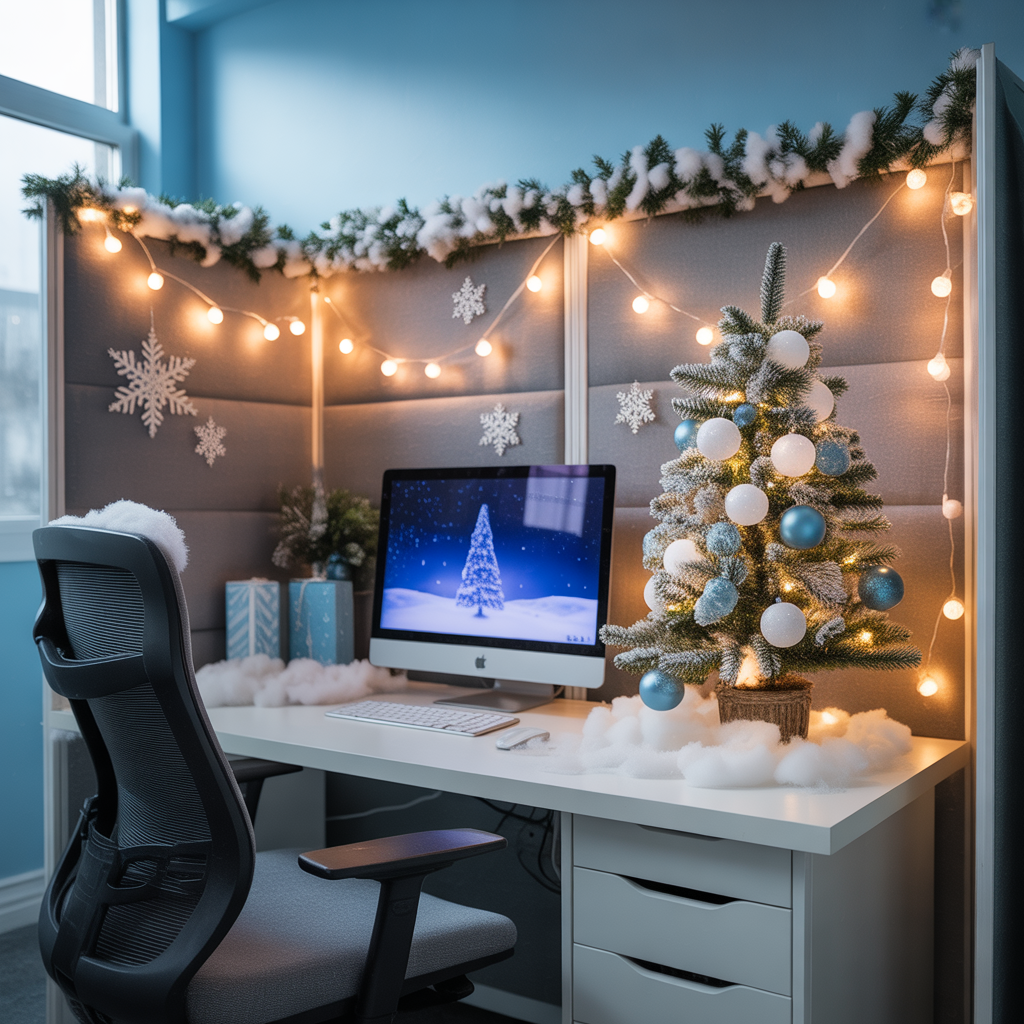 Christmas Cubicle Decor: 20 Heartwarming to Bring Joy and Festive Cheer to Your Workspace 1 Cozy Winter Wonderland Theme